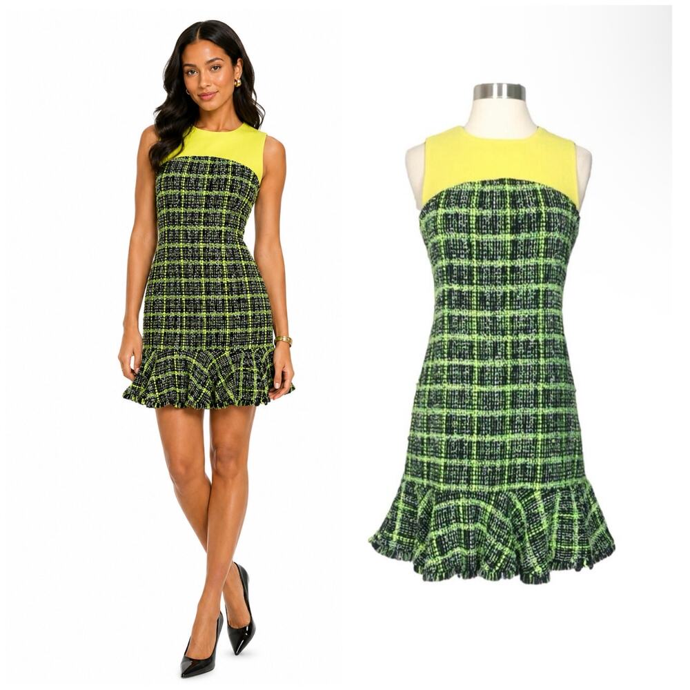 Moschino | Tweed Ruffle Neon Yellow Black Boucle Cheap & Chic Sleeveless Dress 8